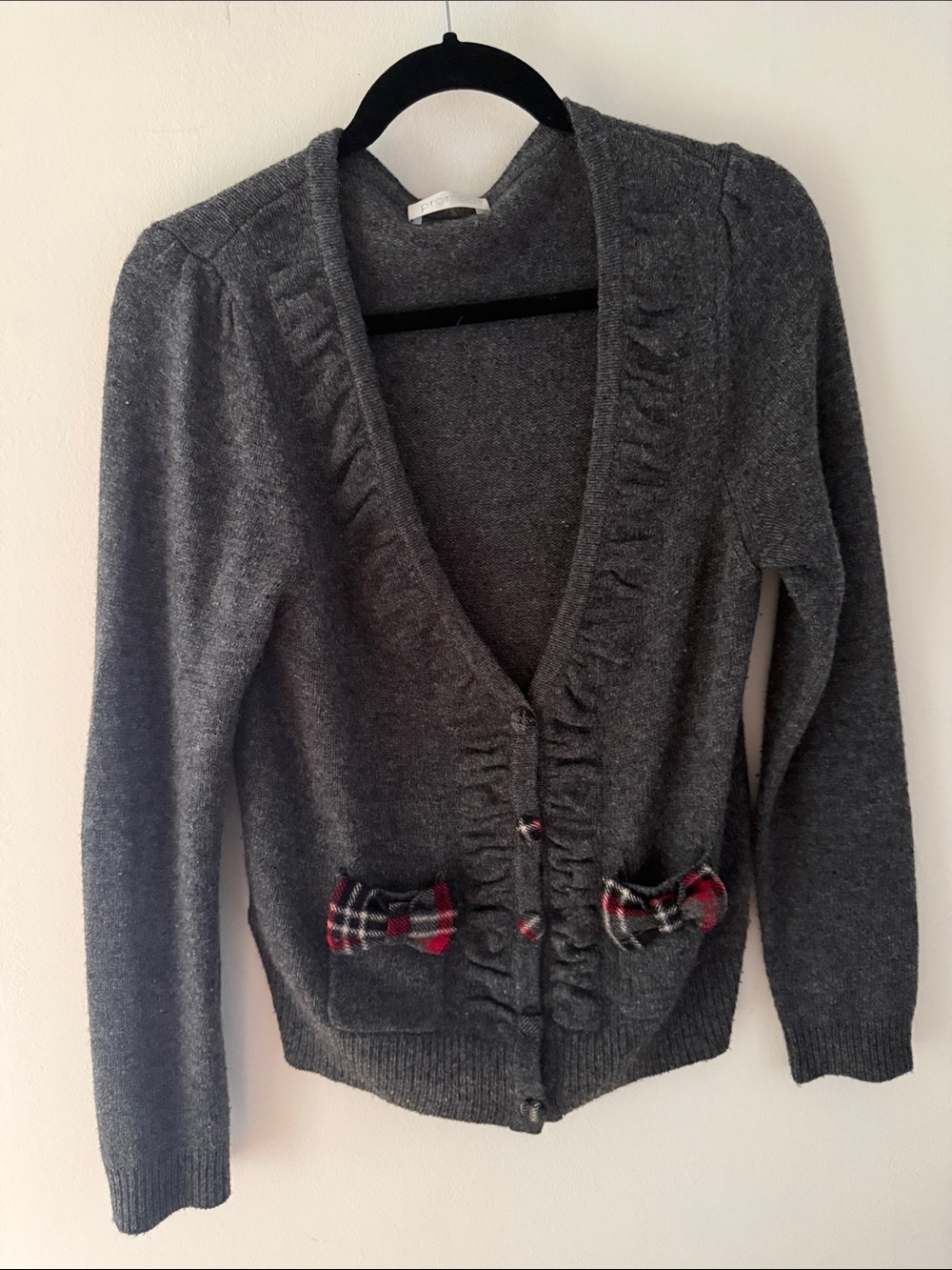 Promod Dark Gray V-Neck Cardigan with Plaid Pocket Bows